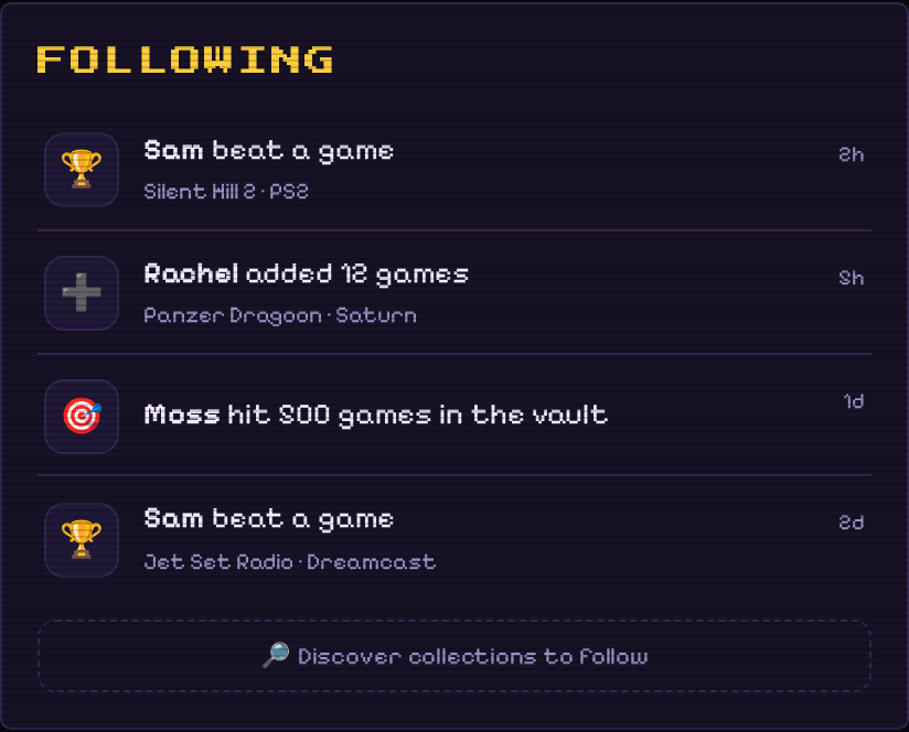The Following feed: collectors' new adds, beaten games and milestones