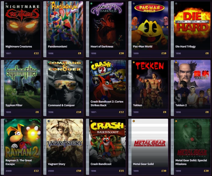 The physical shelf: game cards with box art, platform, year, value and region