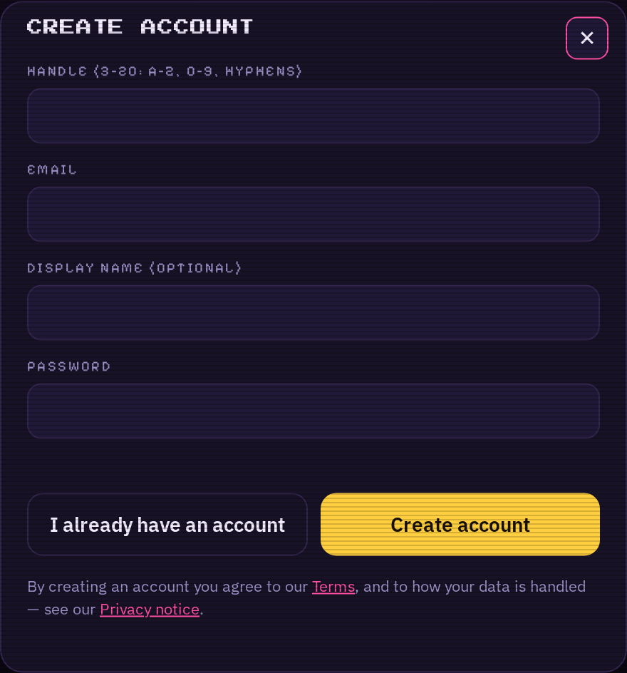 The create-account sheet: handle, email and password